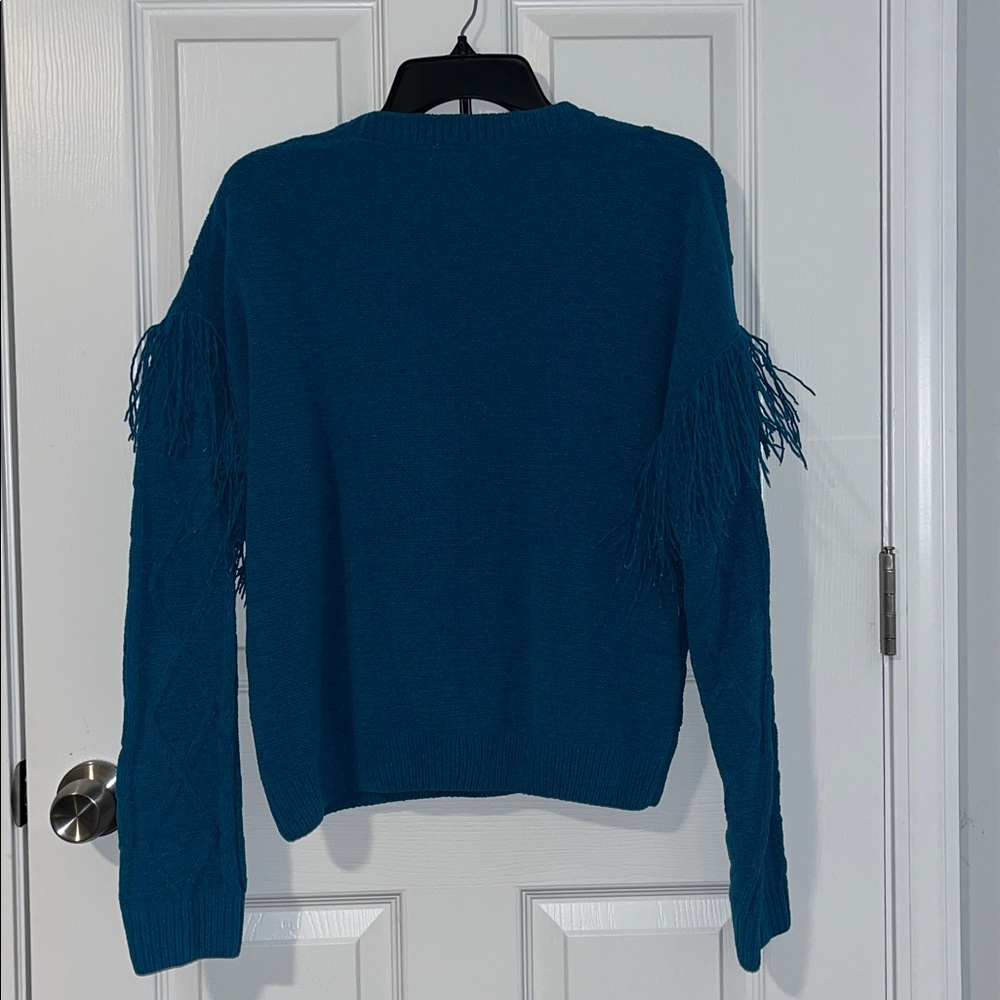 Witty Fox Cable & Gauge Blue Fringe Sweater Size Large - Picture 3 of 8